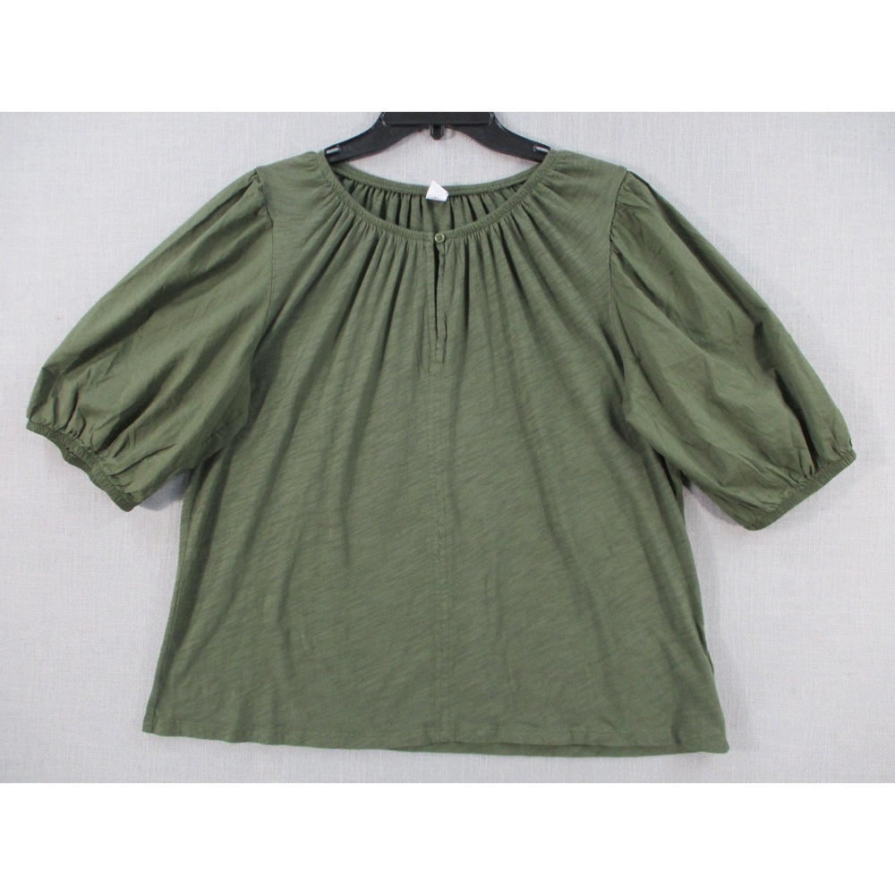 Old Navy Olive Green Gathered Puff Sleeve Slub Knit Blouse Womens Size L Tall